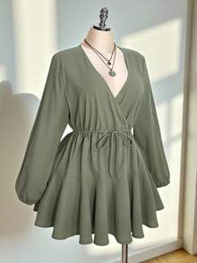 SHEIN ICON 大码女式水洗棉绿色系带长袖连衣裙 - 綠色 - 查看 8