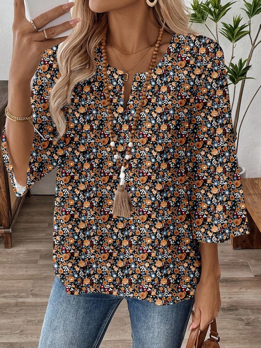 EMERY ROSE Áo sơ mi nữ cỡ lớn tay lửng cổ chữ V in họa tiết hoa lãng mạn kiểu vintage mùa xuân/hè, thích hợp làm áo công sở, áo mùa hè hoặc áo đi nghỉ mát. - Nhiều màu - Xem 1