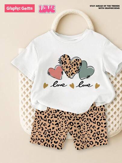 GraphicGems Conjunto de blusa de manga corta con estampado de leopardo en forma de corazón y shorts para bebé niña de verano