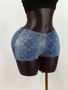 SaltGleam SaltGleam 女士时尚性感牛仔印花短裤，夏季 - 藍色 - 查看 4