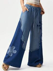 Bohemela Women's Casual Woven Patchwork Loose Wide Leg Pants - Blue - View 4