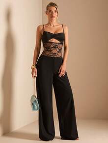 SHEIN BAE Khaki Sexy Off-Shoulder Lace Jumpsuit Top, Hollow-Out Lace Elegant Jumpsuit For Nightclub, Women - Black - View 3