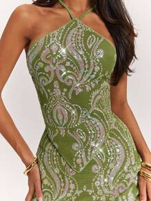 SHEIN BAE Beach Holiday Casual Crochet Beaded Backless Halter Top, Spring/Summer - Green - View 1