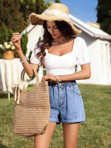 SHEIN PETITE Women's Summer Elastic Waist Rolled Hem Denim Shorts - Medium Wash - View 6