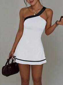 SHEIN Sports Black And White One Shoulder Sports Dress,Athleisure Summer Ruffle Hem Contrast Stripe,Detachable Shorts With Pockets For Gym,Tennis,Golf,Running - White - View 5