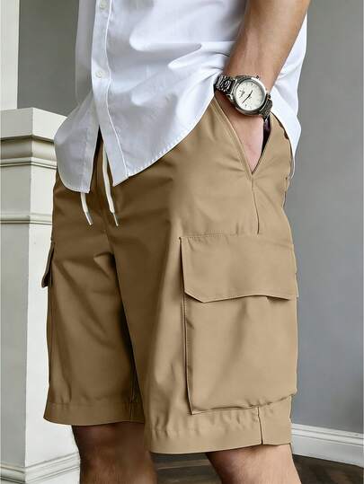 Manfinity Dauomo Pantalones cortos cargo de unicolor con cordón en la cintura y bolsillo con solapa, para uso casual, moda callejera y viajes diarios de los hombres en verano