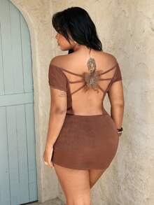 Rustia Vestido sexy con escote en la espalda, lazo y bordado de perlas, talla grande, vestido marrón para festival de música, vestido de verano elegante - Marrón - Ver 3