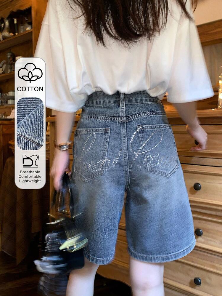 Women's Retro Washed Distressed Rhinestone Embellished Casual Denim Shorts Summer Jorts