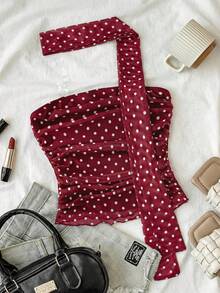 SHEIN Áo tank top và áo camisole cho bé gái tuổi teen, phối cùng khăn quàng cổ, màu đỏ tía chấm bi trắng, eo nhún. - Màu Đỏ Sâu - Xem 4