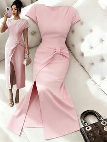 Franclia Đầm cổ chữ V xẻ tà trang trí nơ dành cho nữ - Màu be - Xem 3