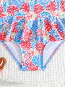 Baby Girls Shell Print One-Piece Long Sleeve Zipper Ruffle Swimsuit,Toddler Retro Floral Bathing Suit With Hair Accessory,Summer Holiday Beachwear - Multicolor - View 3