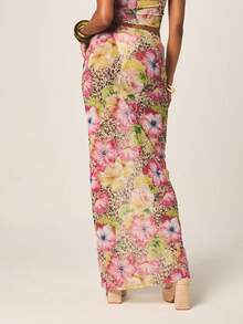 MISSGUIDED Women's Floral Leopard Print Maxi Skirt With Sequin Flower Applique Details Bohemian High Waist Long Flowing Summer Bodycon Skirt - Multicolor - View 2