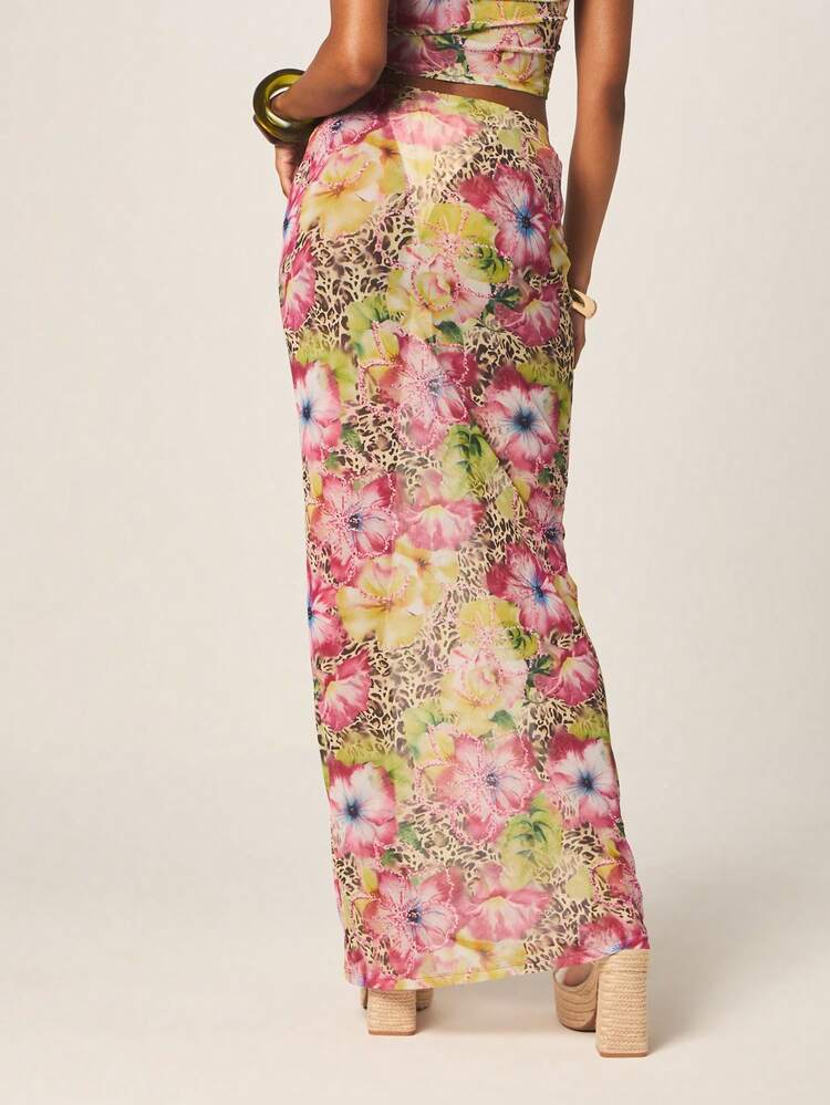 MISSGUIDED Women's Floral Leopard Print Maxi Skirt With Sequin Flower Applique Details Bohemian High Waist Long Flowing Summer Bodycon Skirt