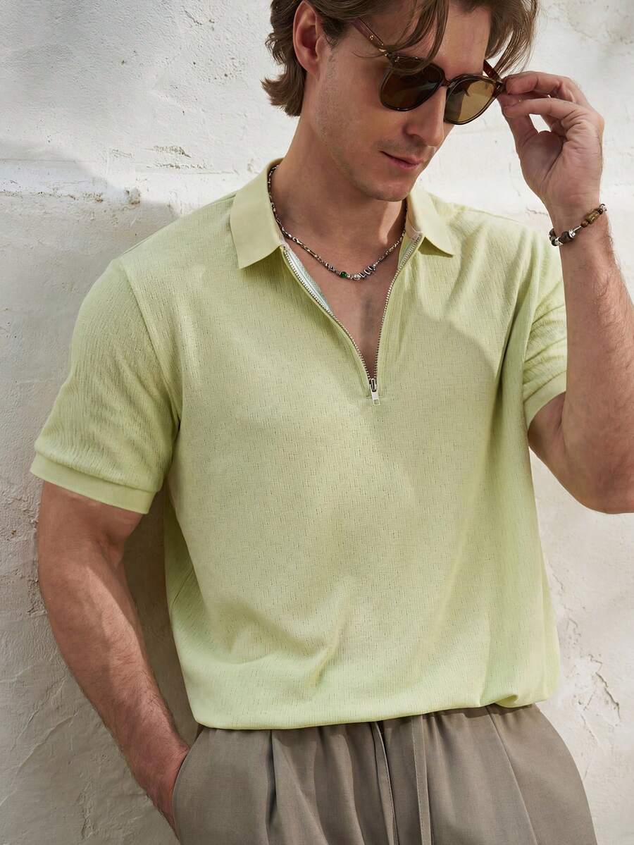 Airaco 夏季庆典季薄荷绿半拉链纹理 Polo 衫，男士海滩度假装扮 - 綠色 - 查看 1