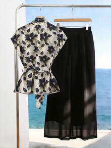 Franclia Navy Blue And White Floral Print Pleated Short Sleeve Shirt & Elastic Waist Double-Layer Capri Pants 2-Piece Set,Women Summer Elegant Office Outfits - Multicolor - View 2