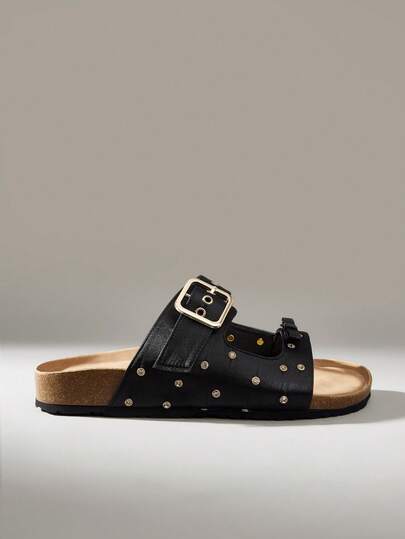 Solecia Black Satin Rivet Buckle With Sandals, Women's Cork Bottom Slippers