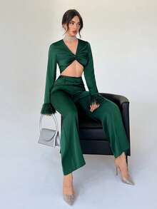 Aloruh girante delantero de peluche puño Top crop & Pantalones de pierna ancha - Verde Oscuro - Ver 3