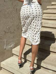 Siren Gaze Women's Elegant Casual White Black Polka Dot Sparkly Sequin Low Waist Side Split Lace Trim Bodycon Midi Skirt, Summer Vacation Holiday Party Night Out Club Outfit White Sequin Skirt Slip Skirt Polka Dot Midi Skirt Sequins Skirt White Polka Dot Skirt - White - View 7
