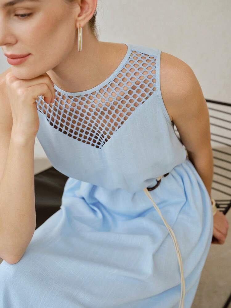 SUMMER FASHIONABLE HOLLOW-OUT SPLICING WAIST BELT DECOR ELEGANT VERSATILE LINEN SLEEVELESS DRESS FOR WOMEN