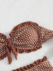 Swim Mod Conjunto de bikini de 2 piezas con lunares, color marrón dulce, con patrón de lunares blancos clásicos sobre base marrón, diseño retro elegante y lindo con copa suave sin tirantes y decoración de moño, Bottom triangular de talle alto que favorece la cintura y las caderas, adecuado para la playa, la piscina y fiestas en primavera y verano - Marrón - Ver 9