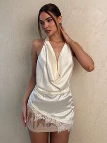 SHEIN Glamour 优雅性感垂褶领腰部拼接蕾丝露背系带纯色女式衬衫，适合派对、度假、日常穿着、海滩、春夏季节等场合。 - 杏色 - 查看 5