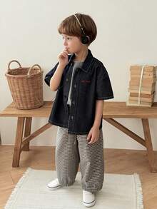 DAZY Toddler Boys' Letter Embroidered Short Sleeve Denim Shirt - Blue - View 5