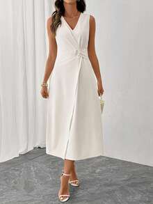 Uhlyne Women's Pleated Twist Design V-Neck Sleeveless Mid-Length Dress, Suitable For Spring, Summer, Autumn, Daily, Commute, Party, Date, Holiday - Apricot - View 3