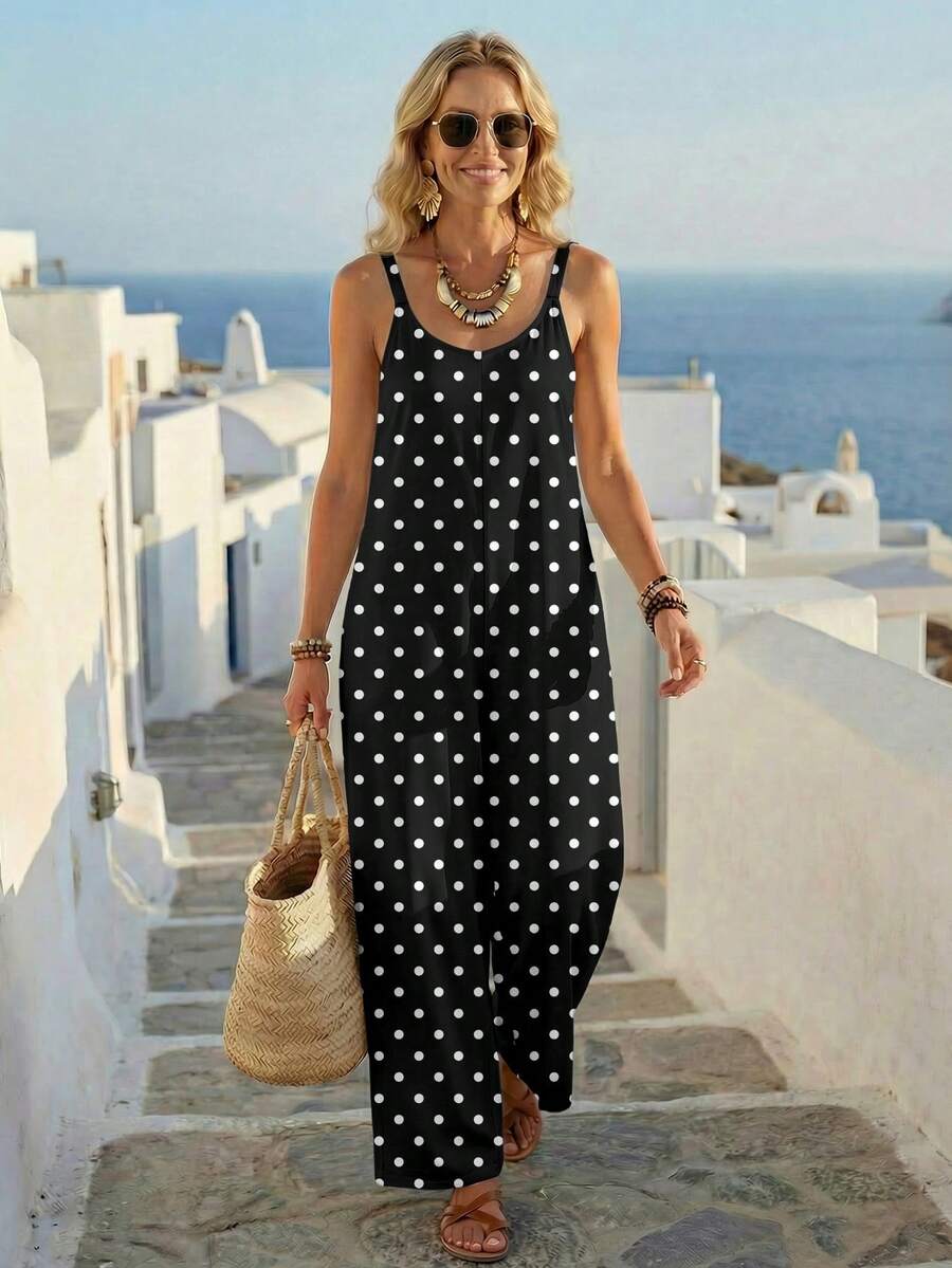 Faunlyn Women's Casual Polka Dot Print Jumpsuit, Versatile & Fashionable, Spring/Summer - Black - View 1