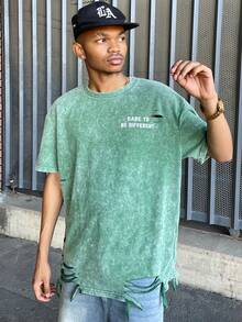 Ngobest Haus Ngobest Haus Men's Summer Slogan Print Distressed Crew Neck Short Sleeve Casual T-Shirt Green Graphic Tees Distressed Tshirt - Green - View 1