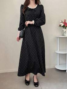 FRIFUL Patchwork Contrast Color Lace Trim Long Sleeve Cinched Waist Polka Dot Sweet Casual Versatile Dress Sundress - Black - View 6