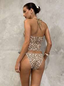 Swim Glamine 甜美花卉印花黄色格子比基尼套装，休闲春夏海滩派对度假两件套 - 玫紅色 - 查看 7