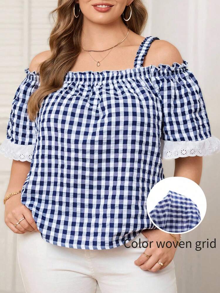 Plus Size Summer Casual Plaid Off-Shoulder Ruffle Trim Blouse Gingham Top Plus Size Blouses Blue And White Top Checkered Top Off Shoulder Top