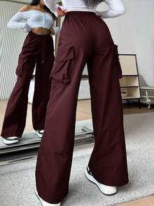 SHEIN EZwear 女士休闲纯色高腰阔腿裤 - 酒紅色 - 查看 4