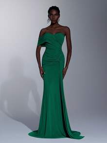 Elitara Elegant Green Stretchy Knit Mesh Strapless Ruched Bust Twisted Waist Asymmetric Fishtail Hem Dress (Detachable Metal Hanging Pendant), Suitable For Dates, Vacations, Singles Parties, Weddings, Back To School Events - Green - View 8