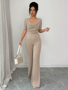 Modelyn 2pcs Women Casual Loose Neck Top And Flare Pants Set,Vacation Outfits Women - Khaki - View 7