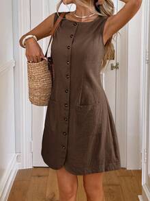 Easowa Đầm ngắn nữ kiểu dáng thường ngày có cúc và túi - màu nâu - Xem 4