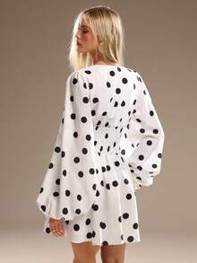 Avantive 波点白色收腰A字连衣裙，适合秋冬、新年、派对、海滩等各种场合，优雅休闲，适合度假。 - 白色 - 查看 3