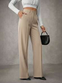 EURMUSE 女式纯色褶皱缝线西装裤 - 米色 - 查看 3