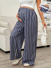 SHEIN Quần ống rộng kẻ sọc dáng suông, cạp chun điều chỉnh được, thích hợp mặc thường ngày cho phụ nữ mang thai. - Màu xanh hải quân - Xem 1