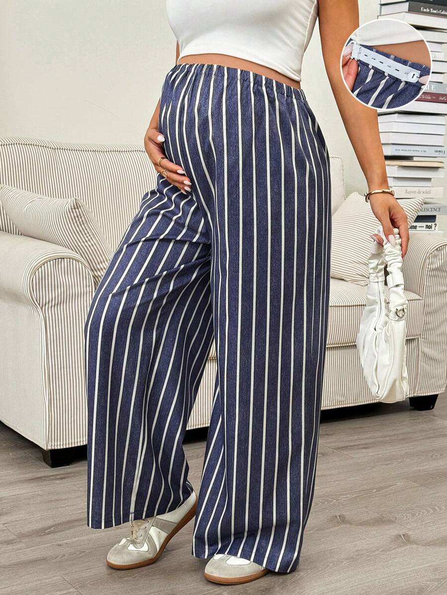 SHEIN Quần ống rộng kẻ sọc dáng suông, cạp chun điều chỉnh được, thích hợp mặc thường ngày cho phụ nữ mang thai. - Màu xanh hải quân - Xem 1