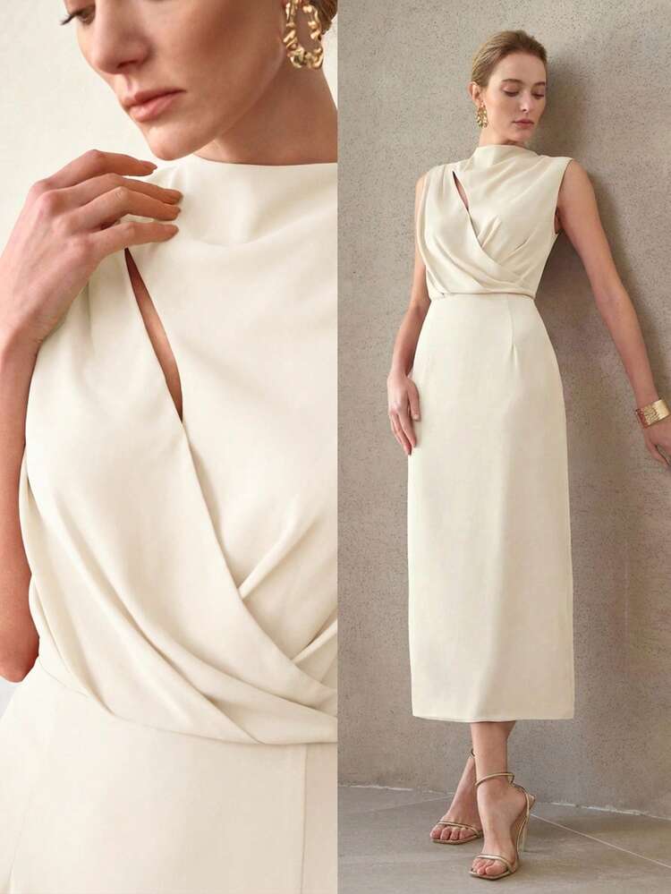 ELEGANT RUCHED WAIST SPLIT HEM BACK DRESS, SPRING/SUMMER