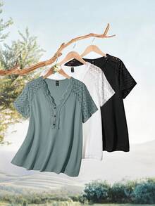 EMERY ROSE Camiseta de manga corta con cuello en V y botones, de uso versátil y diario, para mujer de talla grande - Celeste - Ver 7