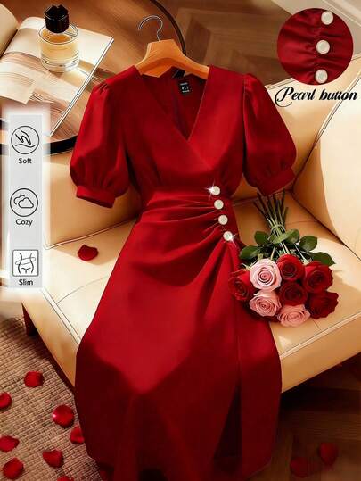 Franclia This Red Dress Features A Soft, Comfortable Fabric, A V-Neck, Puff Sleeves, And Pearl Buttons. The Pleated Waist Creates An Elegant And Slimming Silhouette. It's A Long, Elegant Red Dress Suitable For Women, Perfect For Formal Occasions, Weddings, Parties, Birthday Parties, Valentine's Day, And Spring. It's Also A Great Choice For Women's Dresses And Styling.