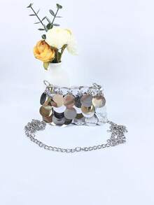 Glamine 1pc Fashionable Silver Sparkling PU Shoulder Bag (Same Style As The Picture) ,Sequin - Silver - View 2
