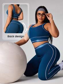 Rhythm Era Plus Size 2pcs Contrast Trim Women Sports Bra And Leggings  Set - Dark Green - View 3