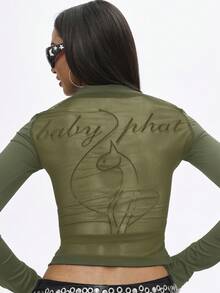 BABYPHAT Áo sơ mi Jersey cài cúc, chi tiết nhún bèo phía trước, tay dài, cổ chữ V, kiểu dáng thường ngày, thích hợp mặc hàng ngày. - xanh quân đội - Xem 1