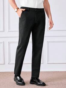 Officeau Men's Solid Color Slant Pocket Straight Leg Casual Pants, Suitable For Commuting - Dark Grey - View 4