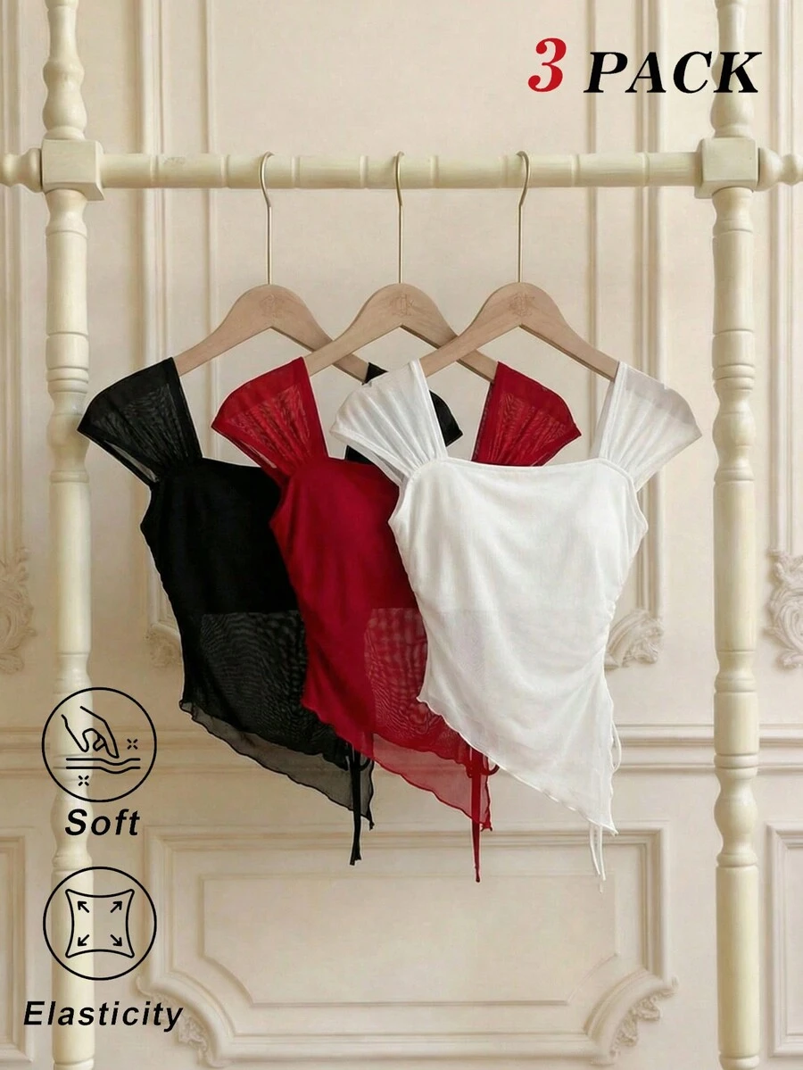 SHEIN MOD 女款 3件組抓皺貝殼袖網紗T恤,白色與黑色,夏季性感時尚,夜店風,紅色網紗上衣,優雅度假派對,假期沙灘上衣 - 彩色 - 查看 1