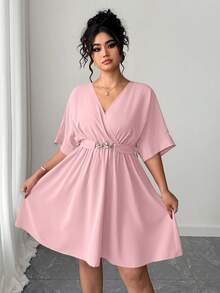 Elenzga Women's Casual V-Neck Cinched Waist Waist Short Elegant Red Evening Dress, Summer - Baby Pink - View 6