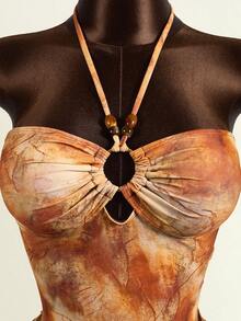 Zestiva 女士三件套泳装，扎染印花，串珠挂脖式领口，收腰设计，搭配多层吊带裙，夏季款 - 橘色 - 查看 6